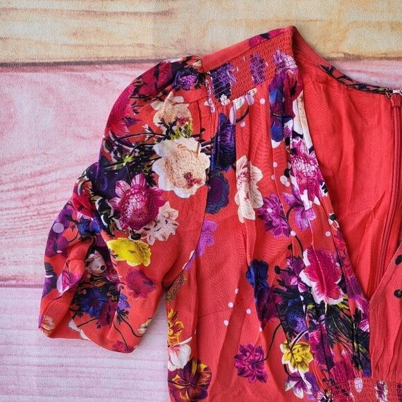 Studio by Preen Red Floral Print Short Sleeve Ruffle Asymmetric Hem Dress 6US - Picture 2 of 8